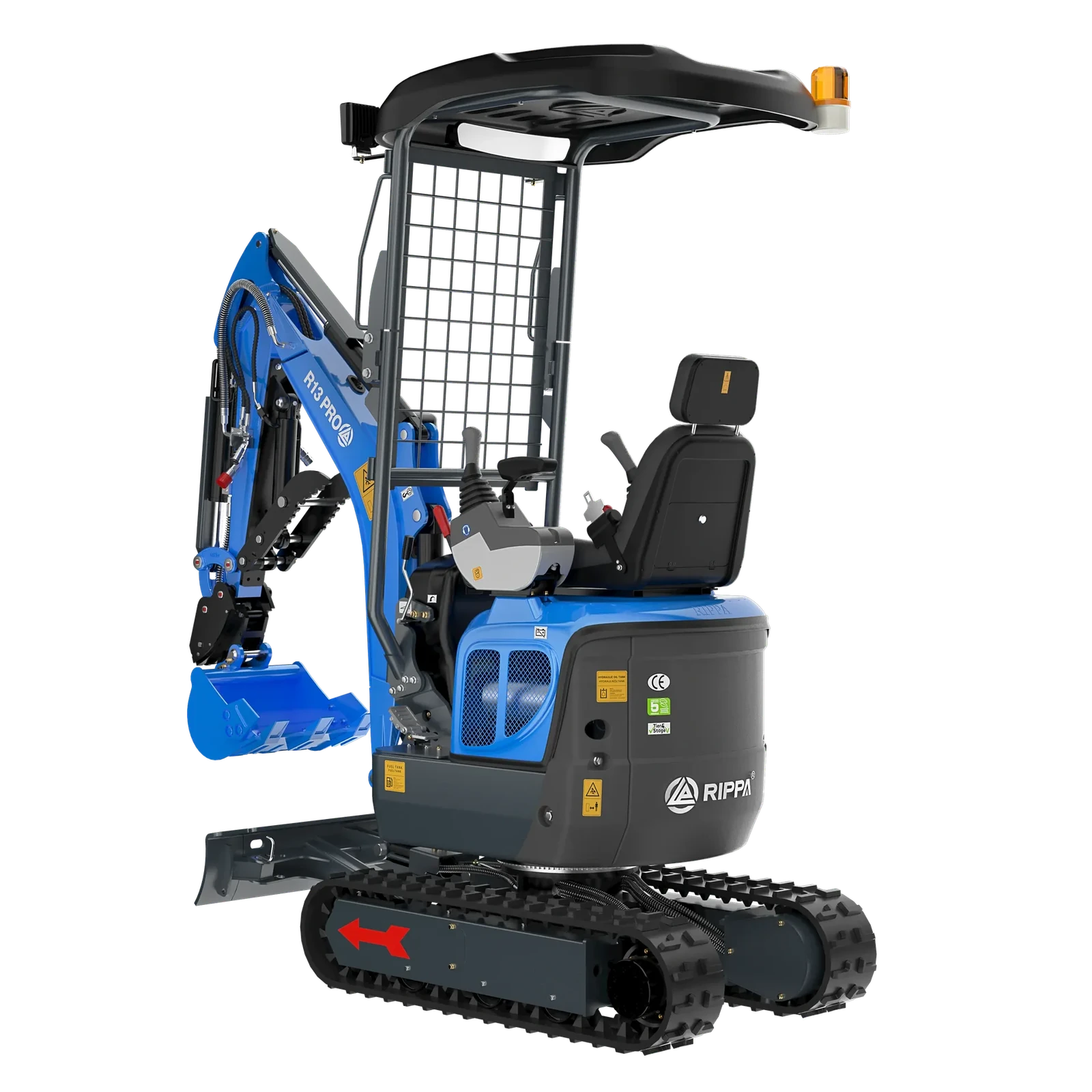 Mini-pelle Rippa R13 PRO vue de trois quarts arrière