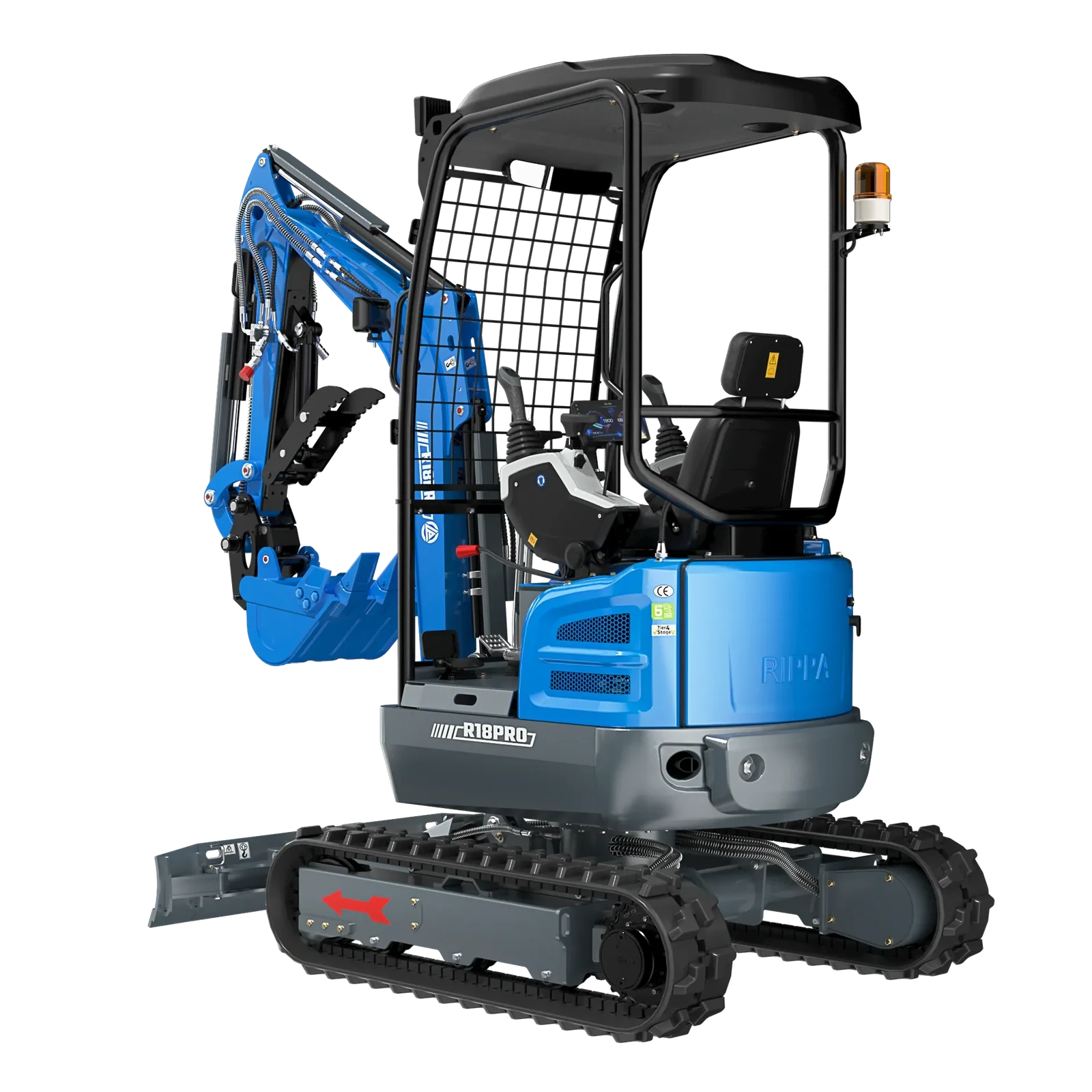Mini-pelle Rippa R18 PRO vue de trois quarts arrière